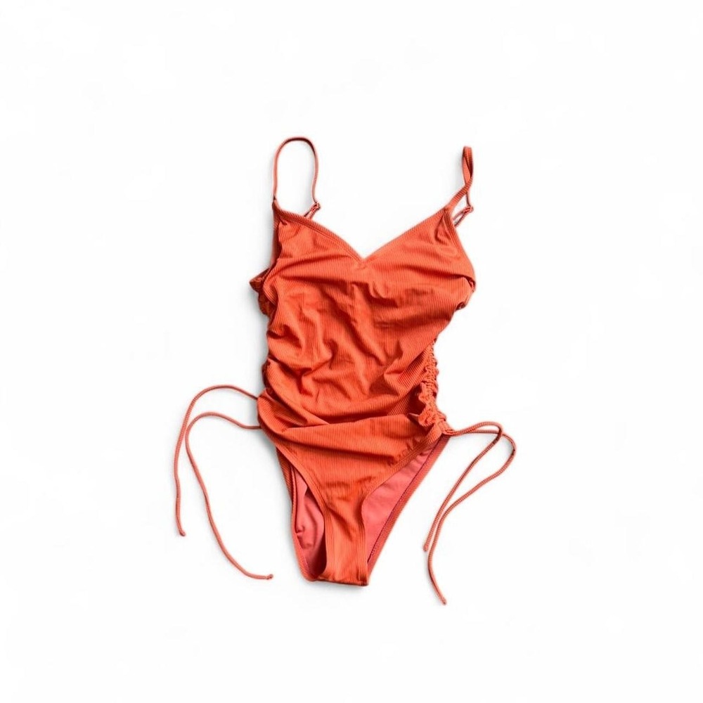 Lulus Ribbed Ruched One Piece Swimsuit Women's Medium Orange Tie Side